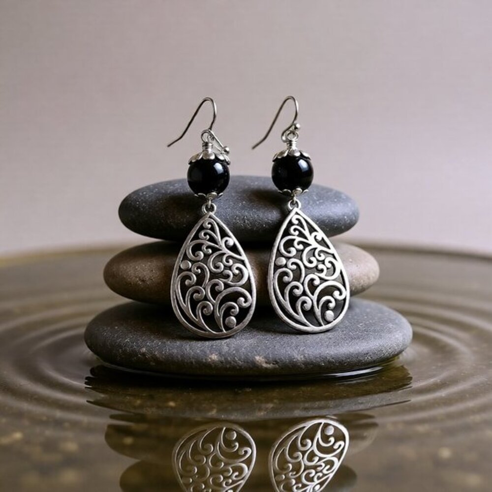 Handmade! Classy + Professional! Black & Silver Filigree Scroll Earrings